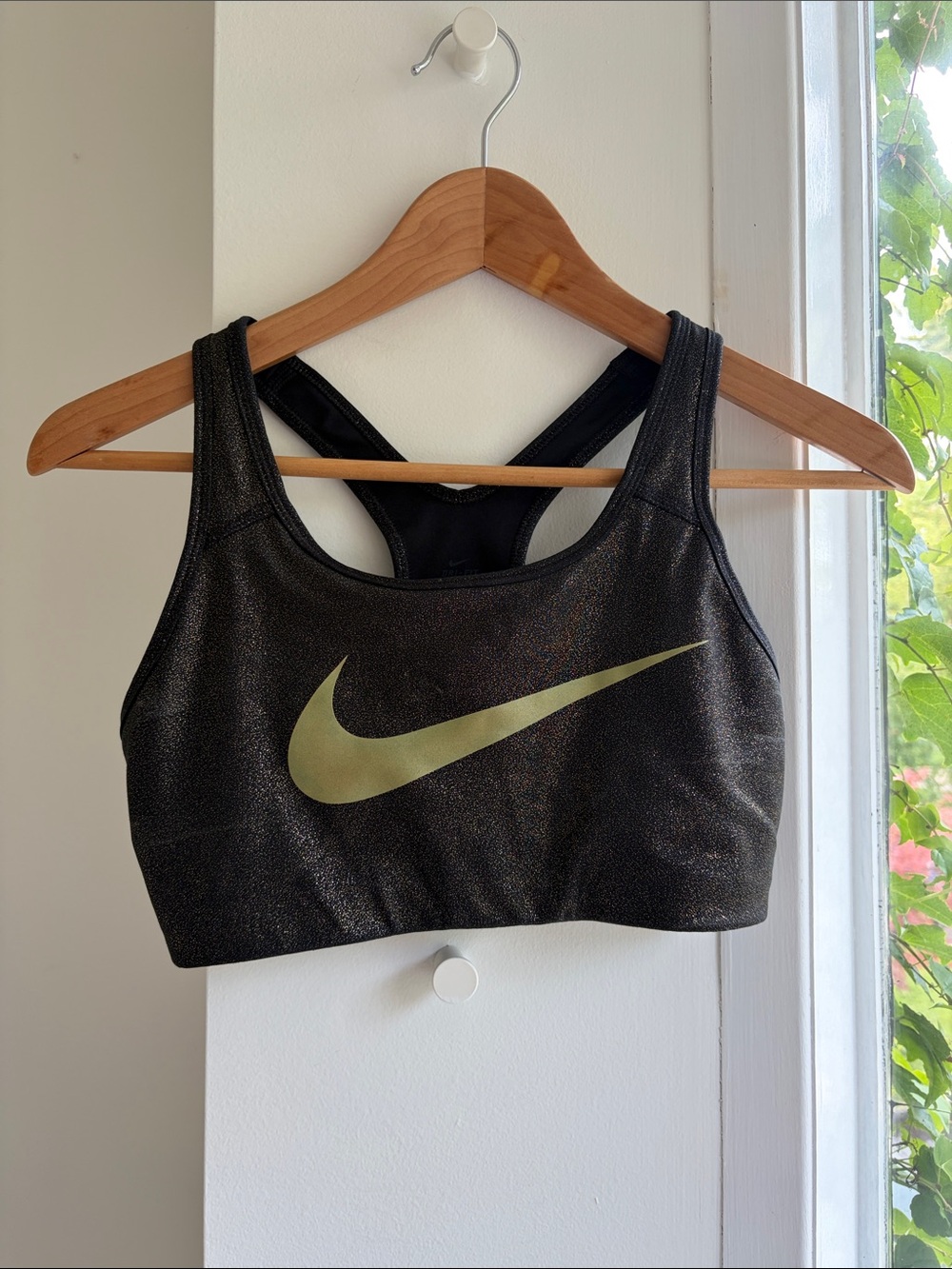 Nike Black Shimmer Sports Bra with Gold Swoosh